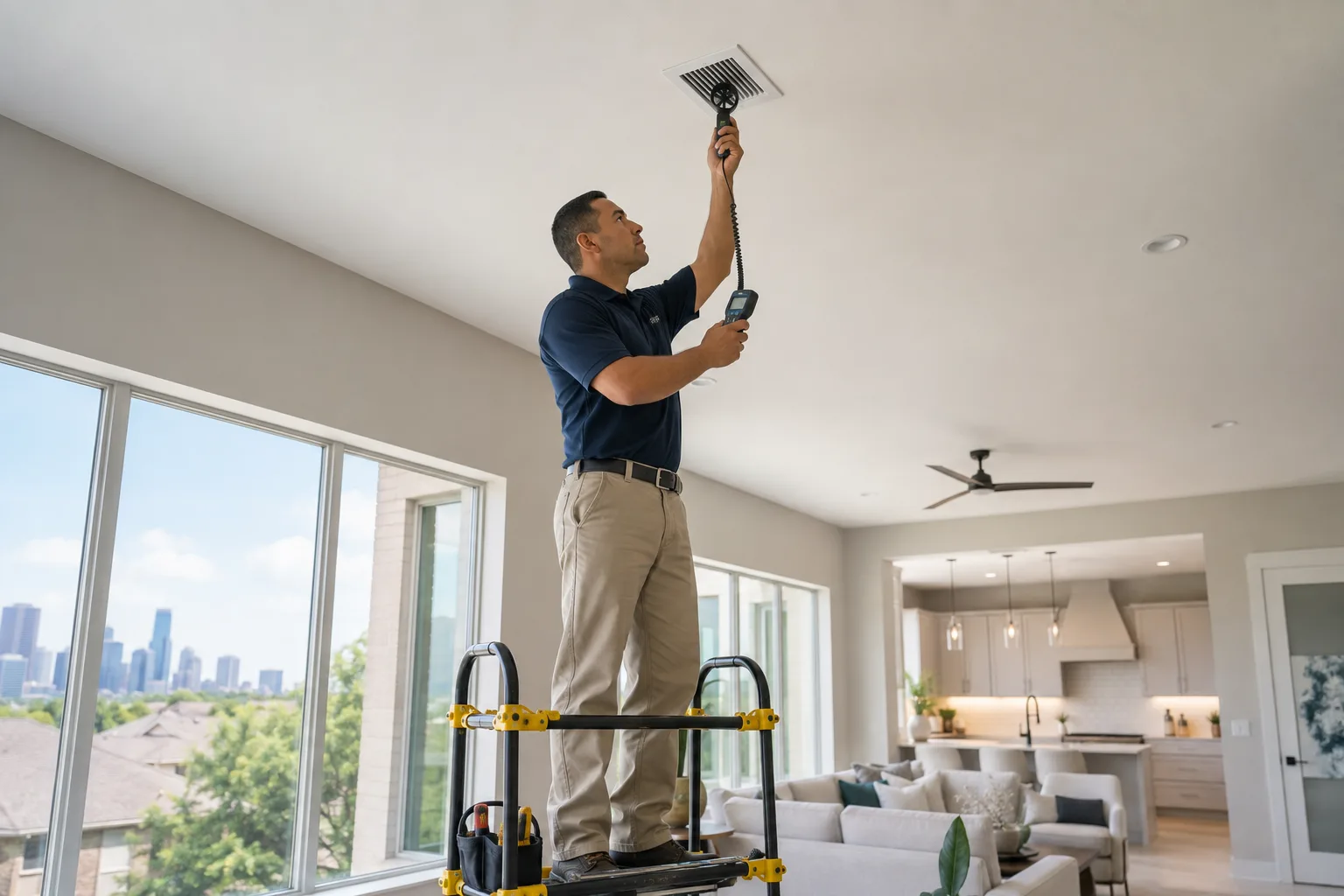 HVAC technician measuring airflow at a ceiling register in a Houston home