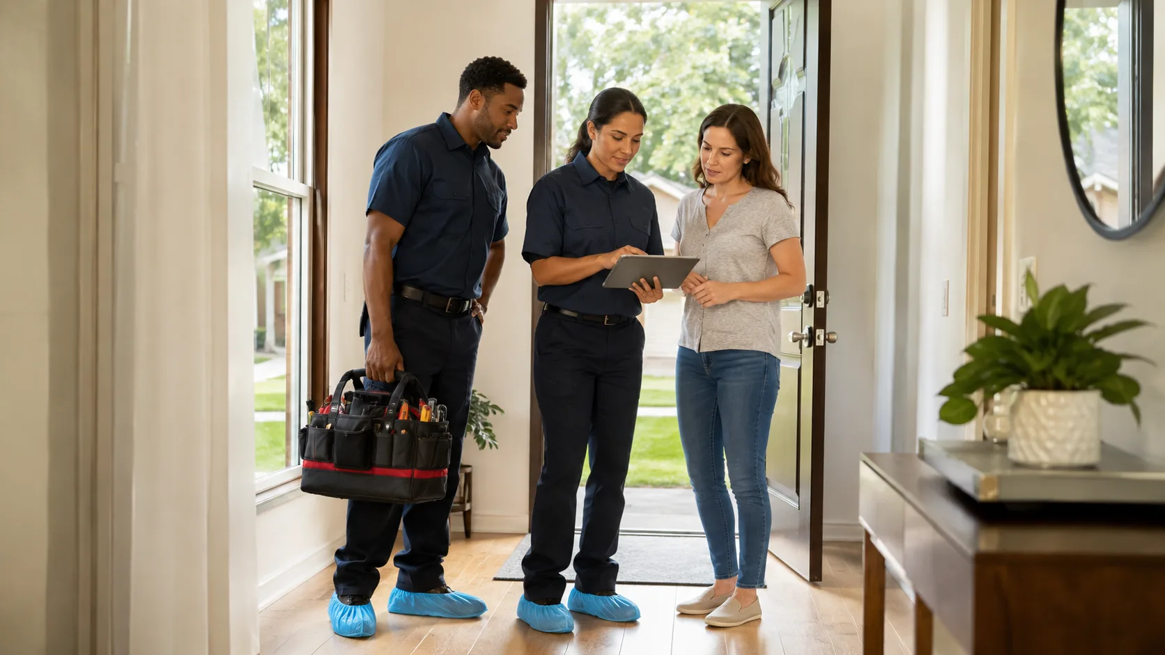 Houston homeowner reviewing an HVAC service scope with a professional technician team
