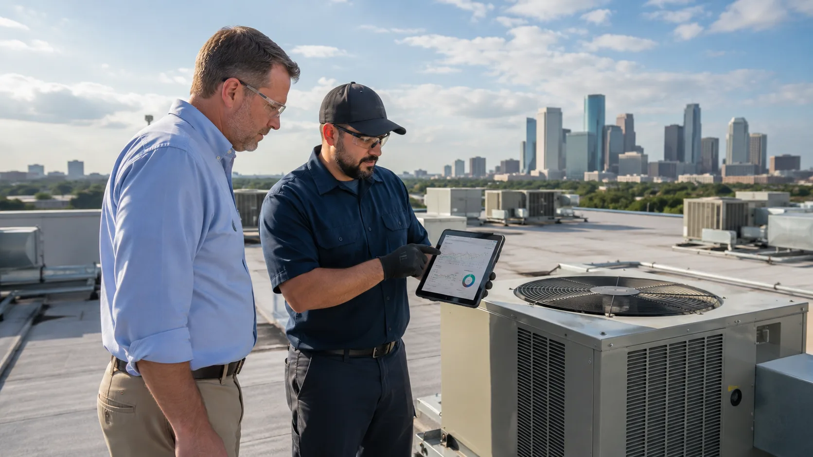 Facility manager and HVAC technician reviewing rooftop-unit performance in Houston
