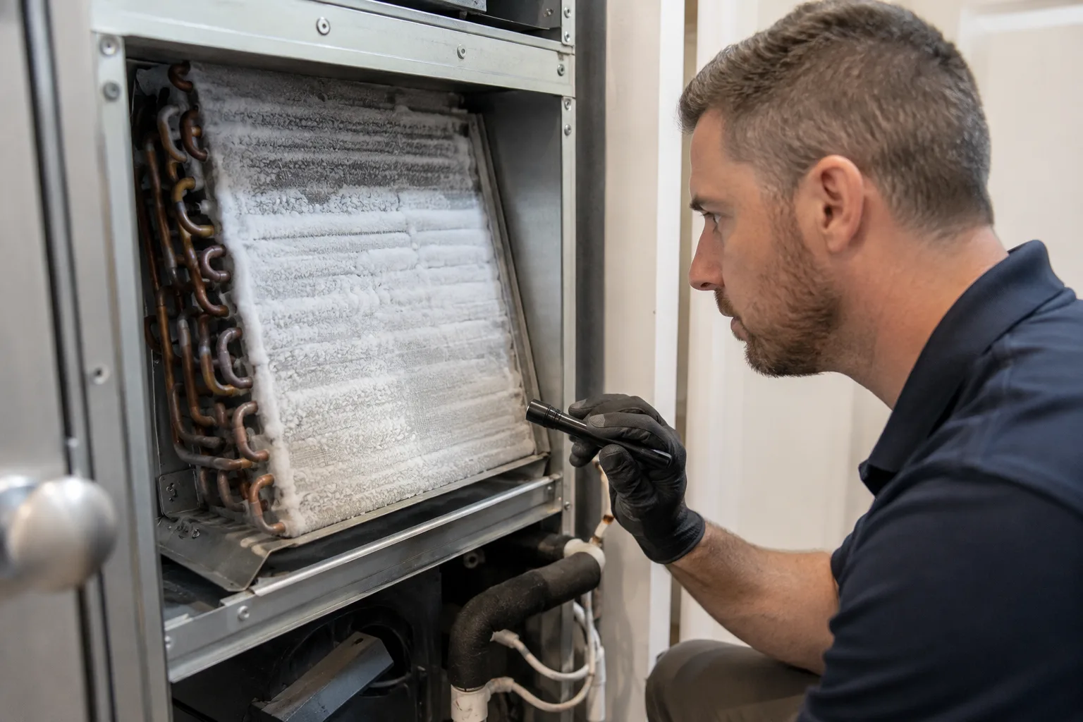 Close view of frost on an air-conditioning evaporator coil during diagnosis