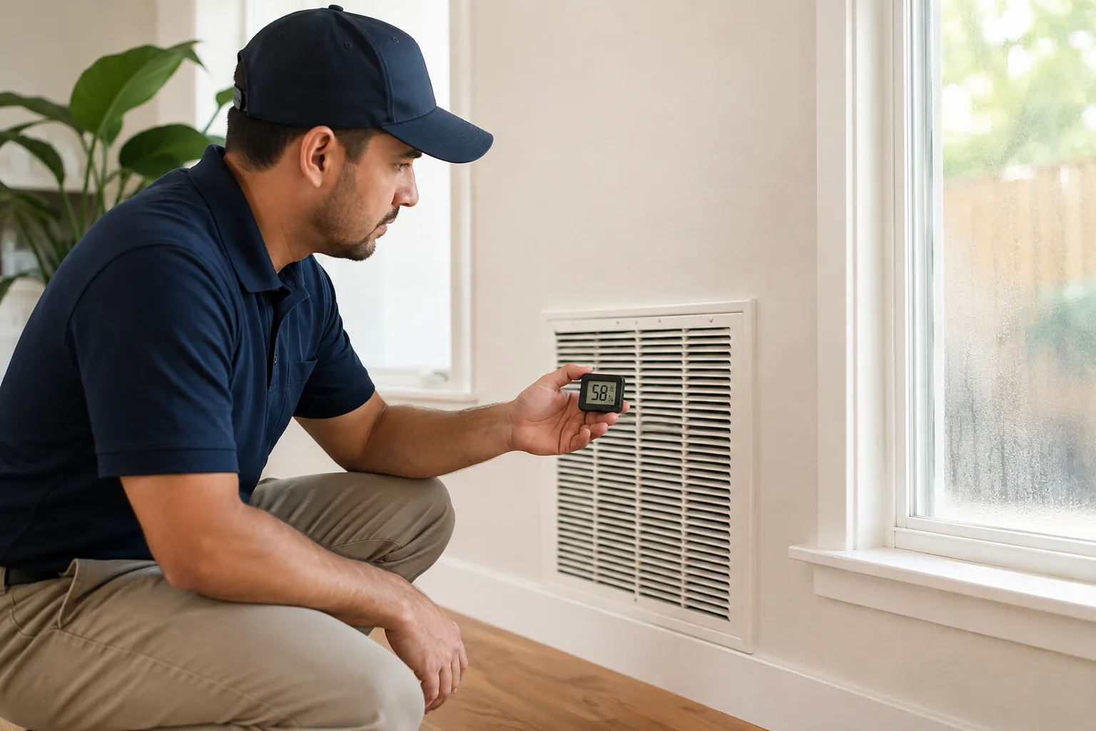 Humidity meter used while evaluating indoor comfort in a Houston home