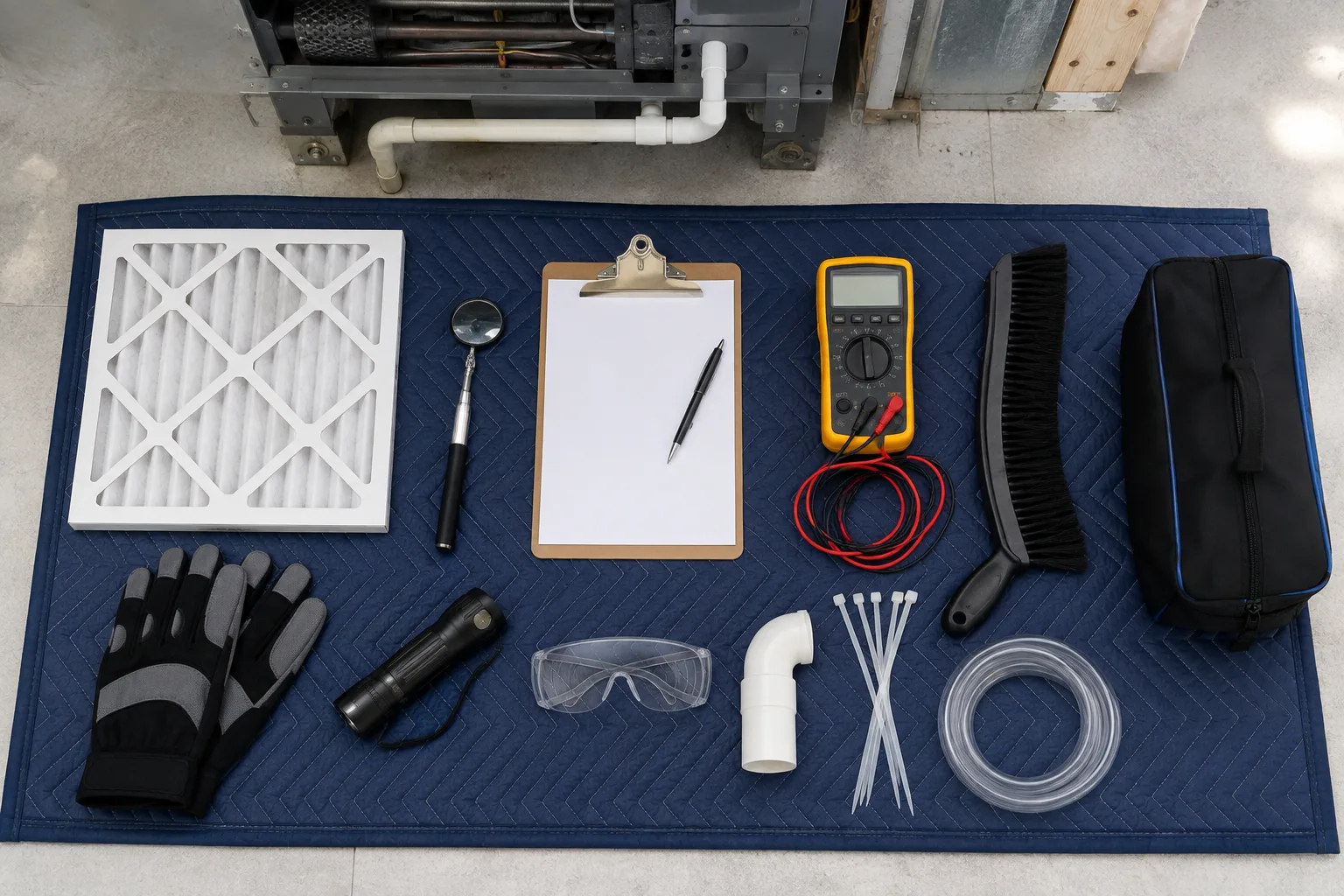 Organized HVAC maintenance tools and inspection checklist on a bright work surface