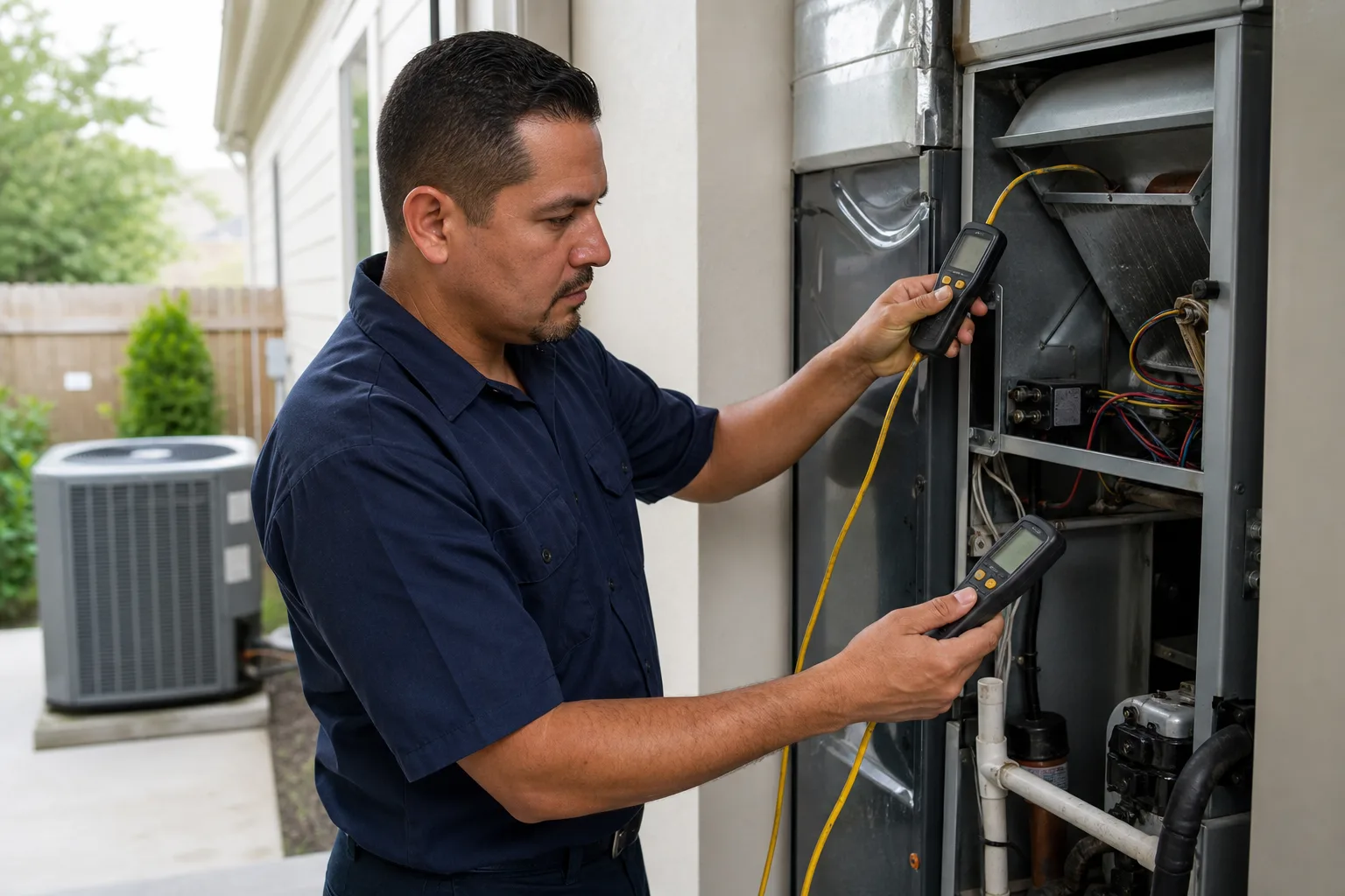HVAC technician measuring supply and return temperature for a Houston AC not cooling