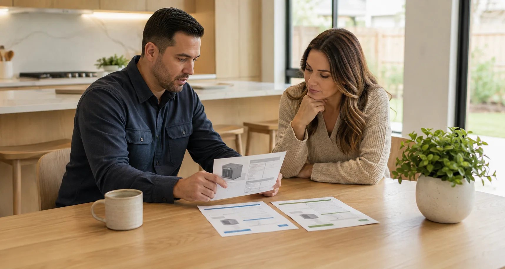 Houston homeowner reviewing AC repair and replacement options with HVAC equipment